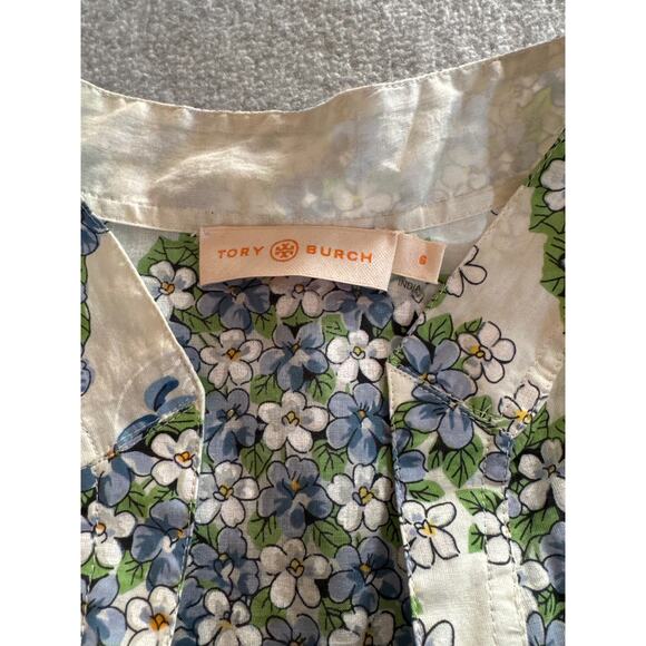 Tory Burch Terrace Ditsy Floral Tunic White Blue Green 100% Cotton Size 6 - Picture 4 of 9